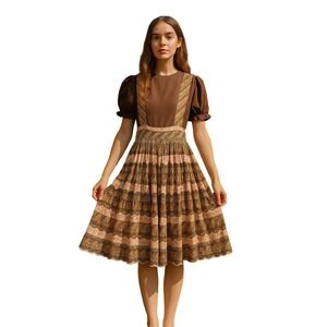VINTAGE 70s Prairie Dress Brown‎ Calico Floral Puff Sleeve Cottagecore